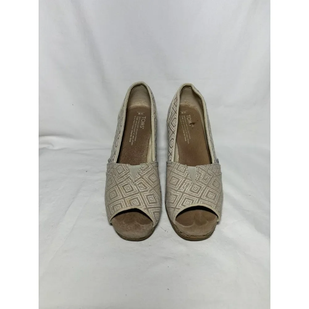 TOMS Tan Canvas Wedge Heel Shoes Open Peep Toe‎ Cork Heel Size 8 EUC S6